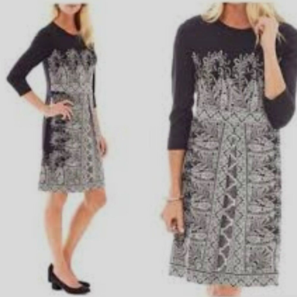 J Jill Wearever Pleated Mirror Paisley Dress Women Large‎ Black Knee 3/4 Sleeves